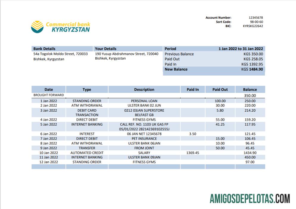 modelo imprimível de extrato bancário comercial do Quirguistão em formato Word e PDF